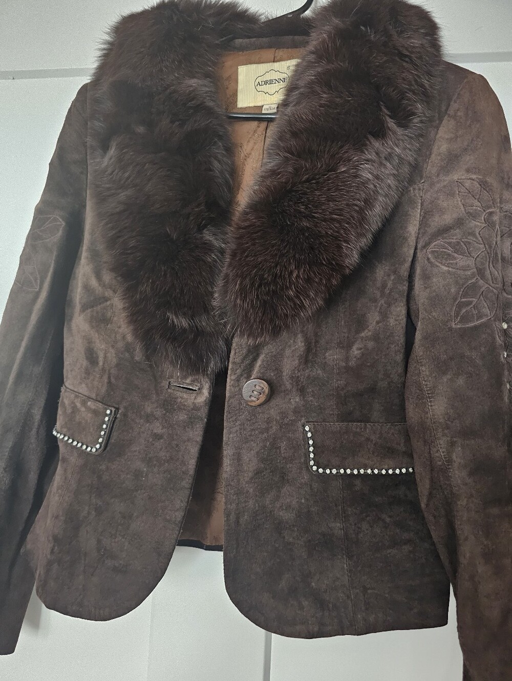 Adrienne Dark Brown Suede Jacket with possible faux fur, collar. XL runs small